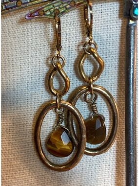 Estate Gold-Tone Hoop Earrings with Brown Tiger's Eye Drops